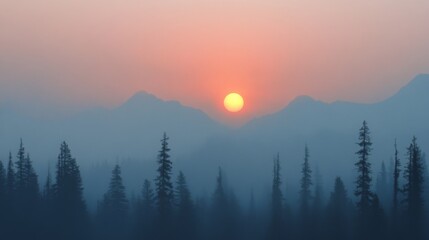 As the sun sets behind the mountain range, a soft orange hue blankets the sky while mist weaves through tall evergreen trees, creating a peaceful atmosphere at dusk in nature.