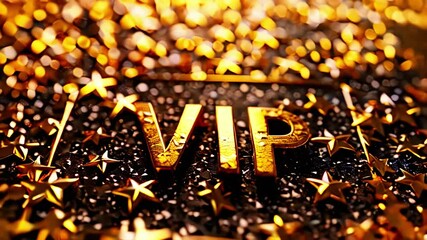 Golden letters VIP on blurred gold bokeh background