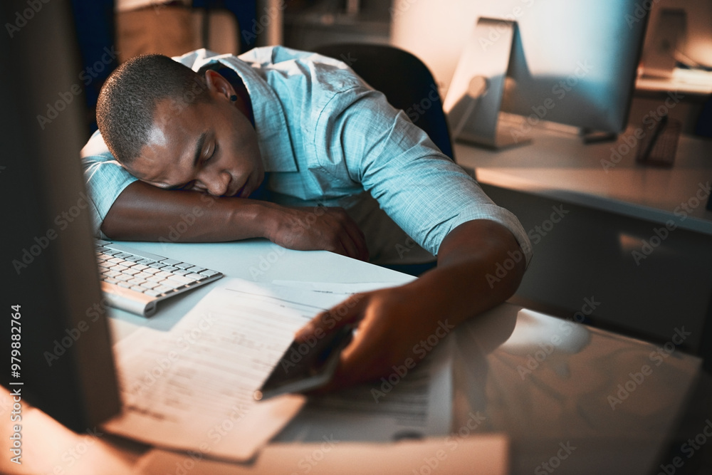 Poster night, sleeping and man in office with phone, computer and paperwork at digital agency in dark. fati