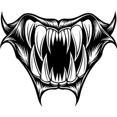 A black and white drawing of a monster with a mouth full of teeth. The monster has a menacing look and is surrounded by a dark background