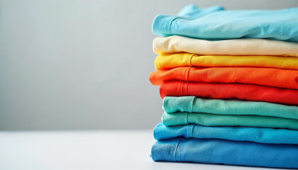 Neatly folded stack of vibrant cotton t-shirts in various colors, with a neutral background enhancing their visual appeal.






