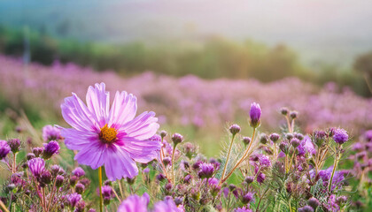 Obraz premium Purple Flower Blooming in Field and Copy Space