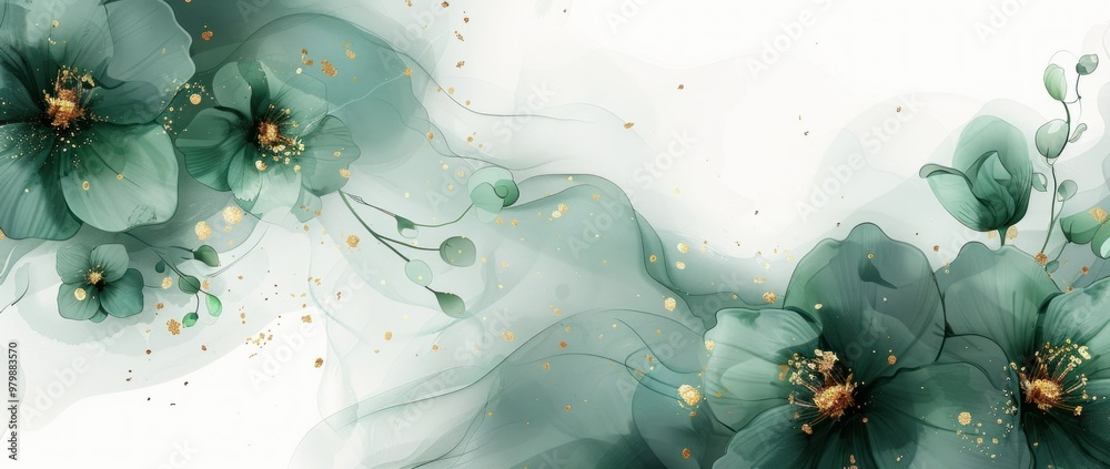 Poster abstract floral watercolor painting with green flowers and golden details