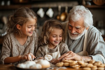 A heartwarming scene of a joyful grandfather baking Christmas cookies with his two young granddaughters.