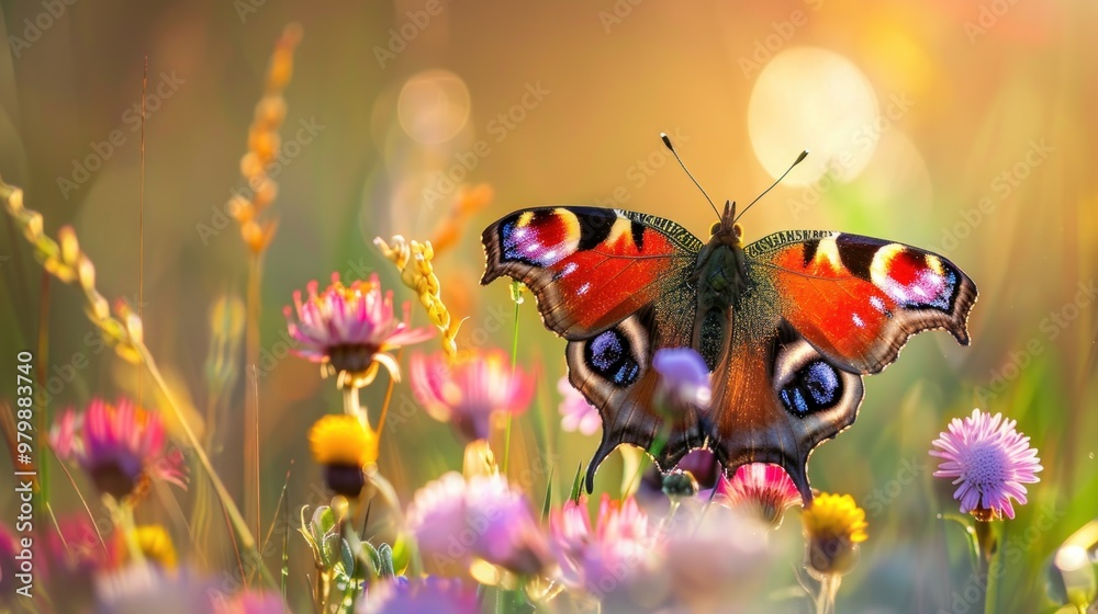 Wall mural a colorful butterfly is flying in a field of flowers