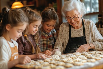 A heartwarming moment of an elderly grandmother baking with her three granddaughters in a cozy kitchen.