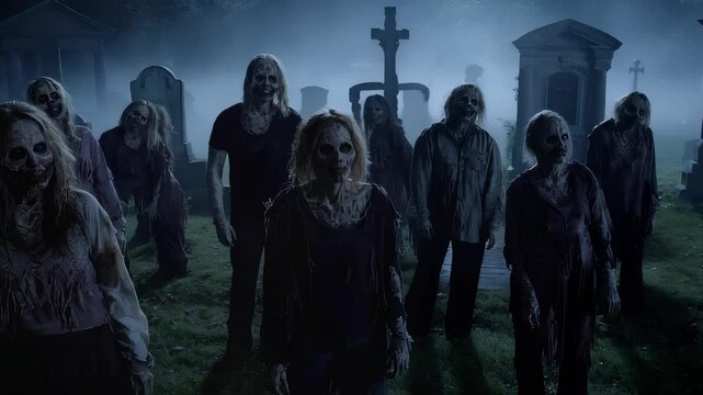 Group of creepy Zombies standing in foggy graveyard at night with tombstones creating spooky Halloween horror theme