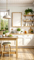 Frame mockup in kitchen interior background, Farmhouse style, 3d render, white Mock up frame