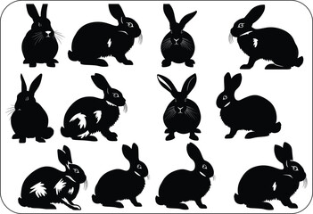 Black side silhouette of a rabbit isolated on white background. Vector illustration, big collection of rabbit silhouettes