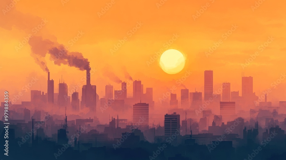 Poster a cityscape with tall buildings and smoke coming from factories in the foreground. the sun is settin