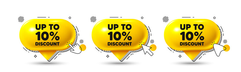 Chat speech bubble 3d icons. Up to 10 percent discount tag. Sale offer price sign. Special offer symbol. Save 10 percentages. Discount tag chat offer. Speech bubble banners. Text box balloon. Vector