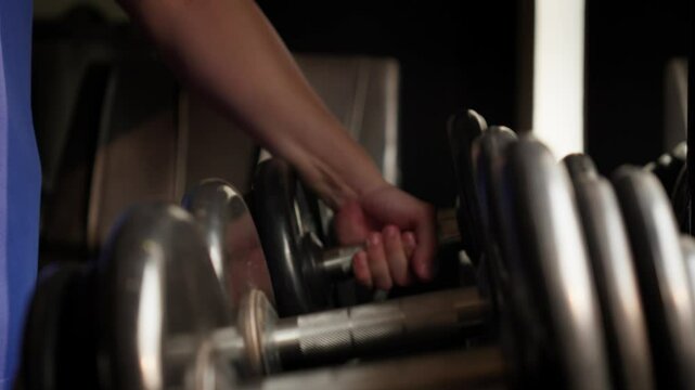 Man Grabbing Dumbbell in Gym for Strength Training. Close-up of a man's hand picking up a dumbbell in the gym, ideal for strength training and fitness-related videos.