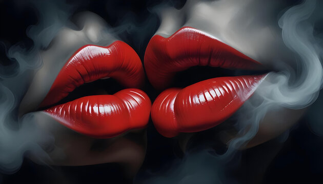 Close-up illustration of two pairs of glossy red lips surrounded by swirling smoke against a dramatic dark background, exuding sensuality.
