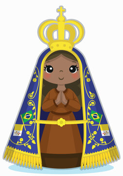 Illustration of Our Lady of the Conception of Aparecida, Virgin of Aparecida, Marian advocations, patron saint of Brazil, Virgin Mary, dark-skinned Virgin, illustration for children, religious images