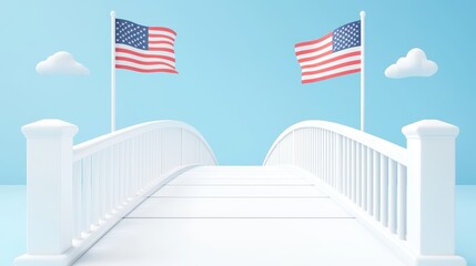 Patriotic 3D Cartoon of Golden Gate Bridge Celebrating Independence Day by Jumping Rope with American Flag Illustration