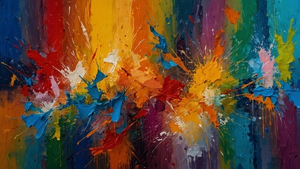 Vivid abstract painting with splashes of colorful paint on canvas.