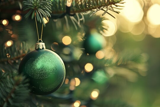 Green bauble on christmas tree with golden lights