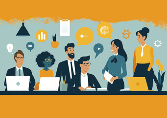 Dynamic Team Collaboration and Project Discussion in Modern Office Setting - Minimalistic Vector Illustration of Professional Teamwork and Leadership in Business Environment