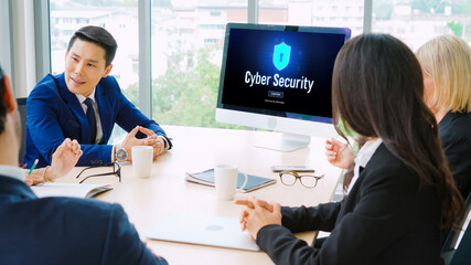 Cyber security system on computer screen protect private information snugly from hacker and cyber attack