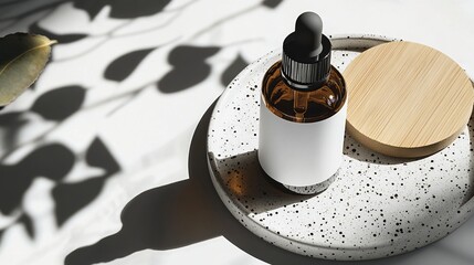 Essential Oil Bottle on Ceramic Tray with Natural Light and Plant Shadows, Spa and Beauty Product Display, Blank Space for Logo Design, Generated AI