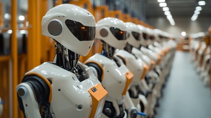 Fototapeta premium AI drives industrial automation, empowering humanoid robots with sophisticated control over factory operations. These robots, guided by artificial intelligence, enhance efficiency