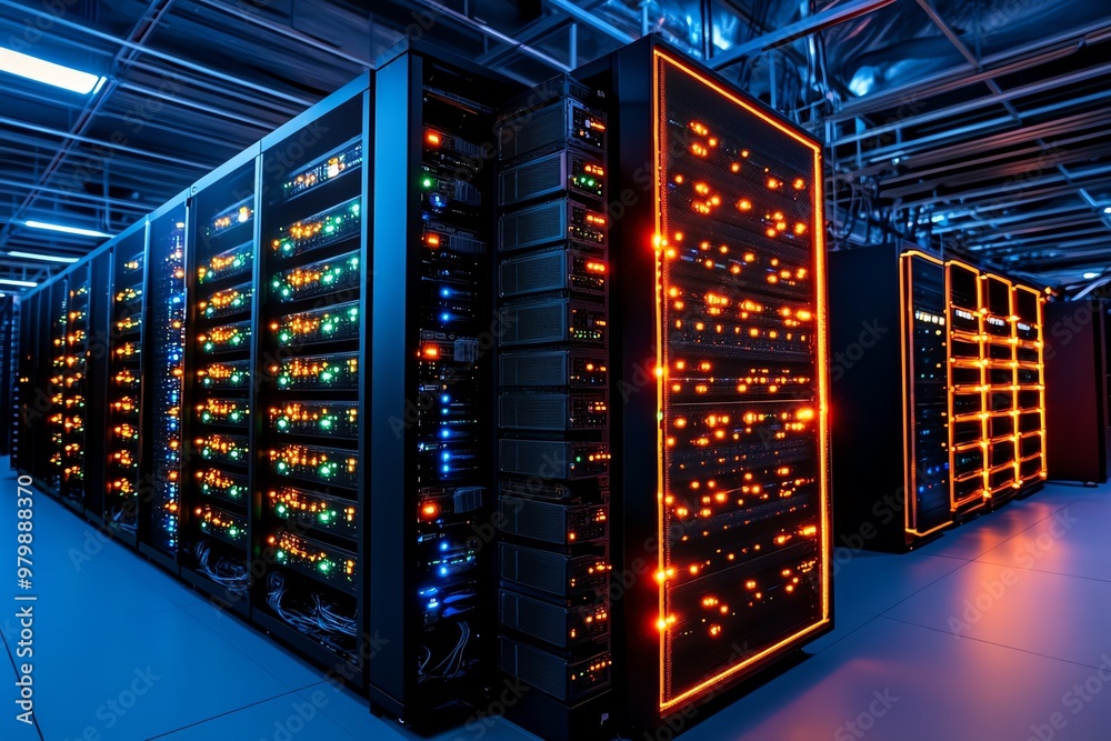 Poster A set of stacked server racks, glowing with activity lights, symbolizing a data center filled with databases