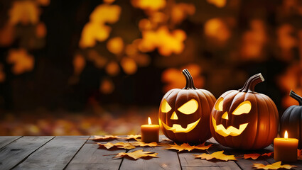 happy halloween banner, flyer, poster background with pumpkins and copy space