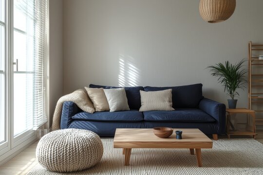 A cozy living room featuring a navy blue sofa and wooden coffee table, showcasing minimalist Scandinavian design in a stylish home bathed in warm natural light