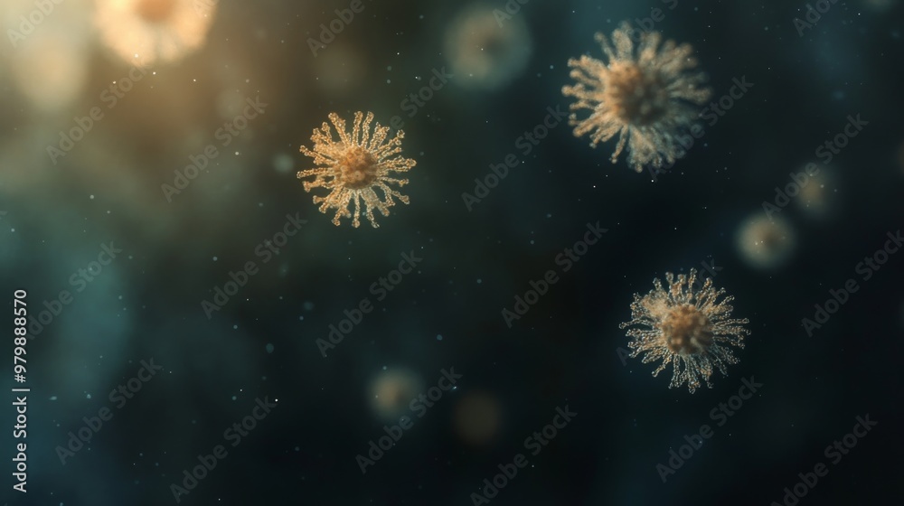 Poster under soft lighting, various viruses are depicted floating in a liquid environment, showcasing intri