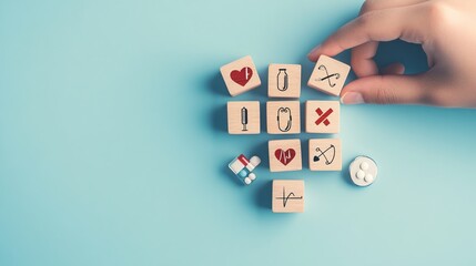Medical Icons on Wooden Blocks with Healthcare Symbols, Light Blue Background, Concept for Health Insurance, Medical Services, and Wellness, Pills and Medicine, Generated AI