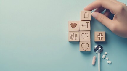 Medical Icons on Wooden Blocks with Healthcare Symbols, Light Blue Background, Concept for Health Insurance, Medical Services, and Wellness, Pills and Medicine, Generated AI