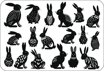 Happy Easter, decorated easter card, banner. Bunnies, Easter eggs, flowers and basket. Folk style patterned design.