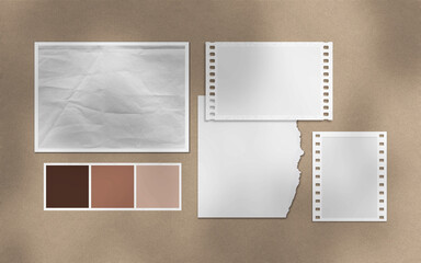 Realistic 3D blank photo frames, film, texture, ornament, torn paper glued textures and tape moodboard mockup. Grunge texture background with leaves and windows shadow overlay vector illustration