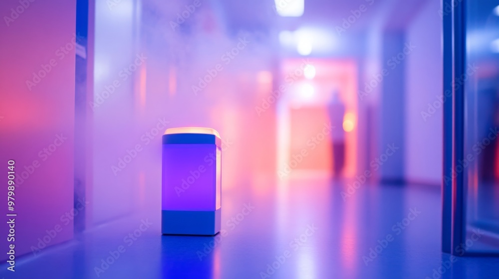 Poster a softly glowing object sits on the floor of a mist-filled corridor, illuminated by vibrant purple a