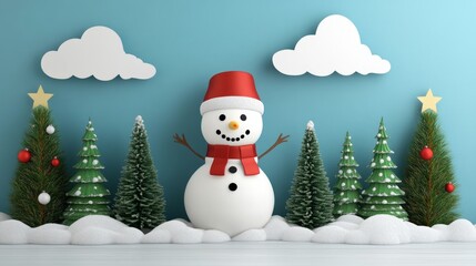 Obraz premium Snowman wearing a santa hat and red scarf is standing in a winter wonderland with snow covered pine trees and fluffy clouds