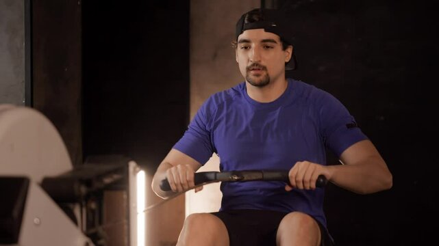 Man Using Rowing Machine for Back Workout. Focused man performing a back workout on a rowing machine, perfect for strength training and fitness content.