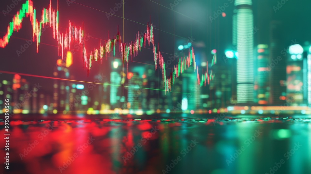 Poster an image of a stock chart with a red and green color scheme indicating market fluctuations, with a b