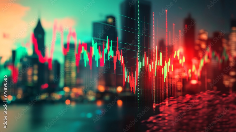 Poster an image of a stock chart with a red and green color scheme indicating market fluctuations, with a b