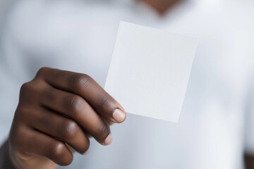 Obraz premium Close-up of black hand holding a blank white square card, symbolizing decision-making, choice, or voting. Concept of Election Day and democratic engagement