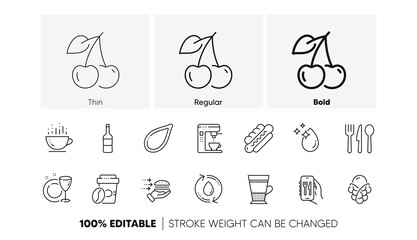 Naklejka premium Dish plate, Double latte and Coffee maker line icons. Pack of Restaurant app, Hotdog, Cherry icon. Takeaway coffee, Food, Refill water pictogram. Food delivery, Wine, Ice cream. Line icons. Vector