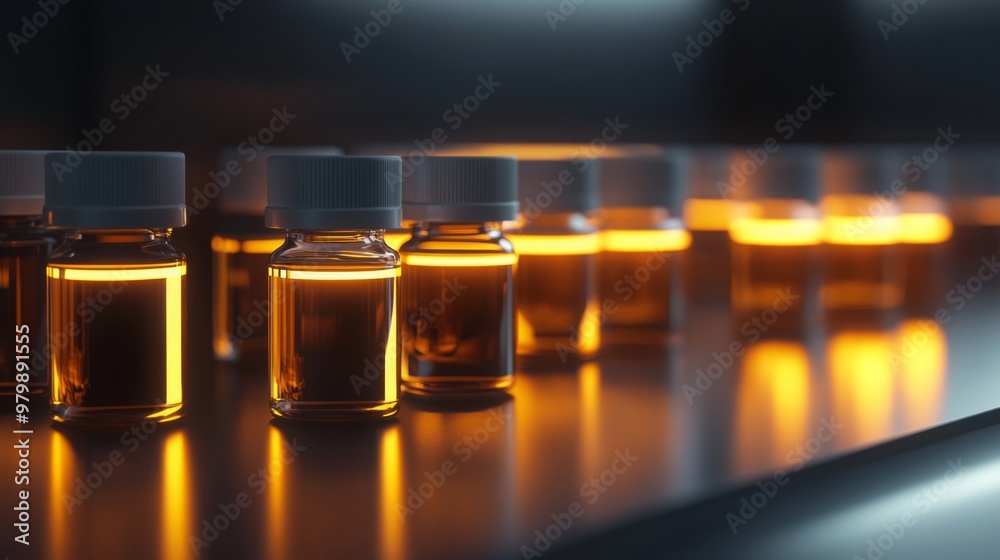 Poster a row of amber glass bottles with white lids, filled with a liquid that glows orange in the light, s