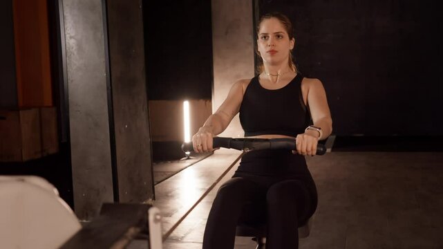 Woman Rowing on Machine for Full-Body Workout in the Gym. Focused woman doing a full-body workout on a rowing machine, perfect for fitness and strength training content. 