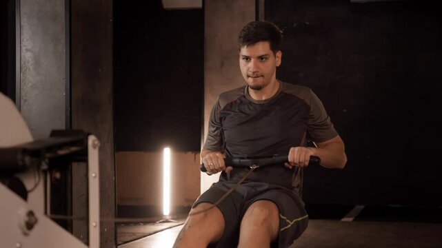 Back Workout on Rowing Machine in Gym. Man focused on a back workout using a rowing machine, ideal for strength training and fitness content.