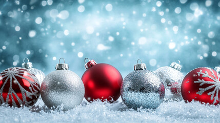 Shimmering Silver and Red Christmas Ornaments on a Frosty Blue Background