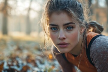 A young woman with blue eyes looks intensely at the camera while posing in a forest