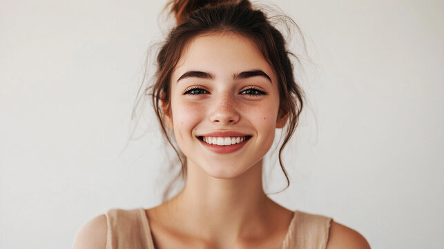 Portrait of a Young Happy Woman Looking at Camera, Skincare Beauty and Dental Care Concept, Isolated on White Background