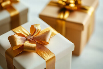 White gift boxes with gold ribbon bow on white background. Presents for birthday or Christmas