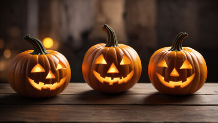 Obraz premium Three carved pumpkins with faces carved into them on a table with lights in the background and a dark background