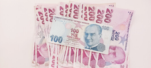 Background of Turkish lira. Turkish money. 50, 100 and 200 tl notes. Banner for website, desktop...