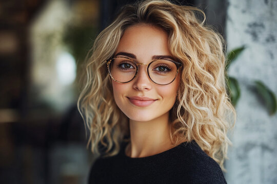 Stylish, confident blonde businesswoman with glasses, smiling and looking at the camera